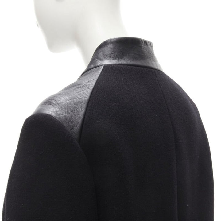 MAJE Sirop black calfskin leather trim wool collarless coat US2 S
