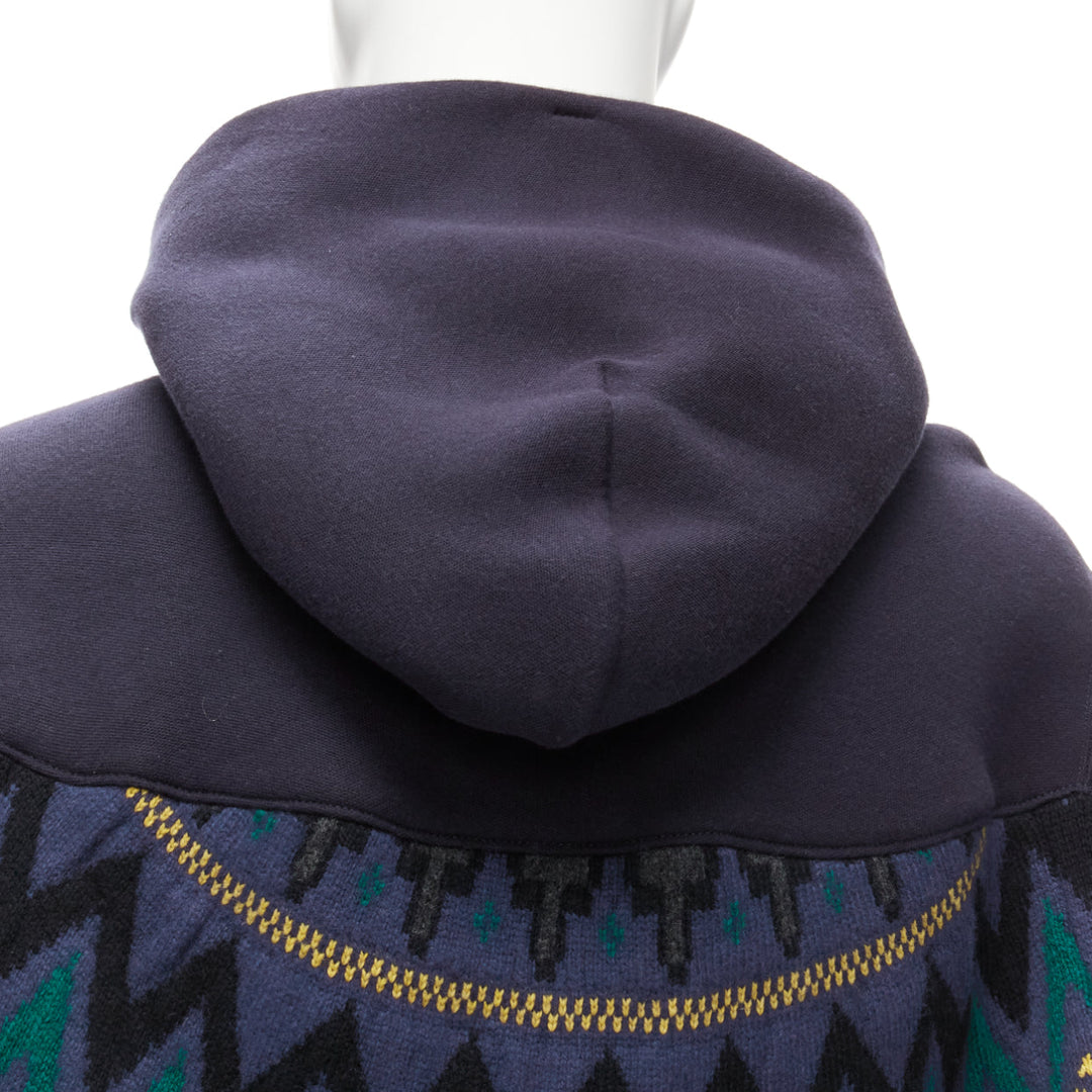 SACAI 2018 navy cotton blend fairisle knit sweater hyrid hoodie JP3 L