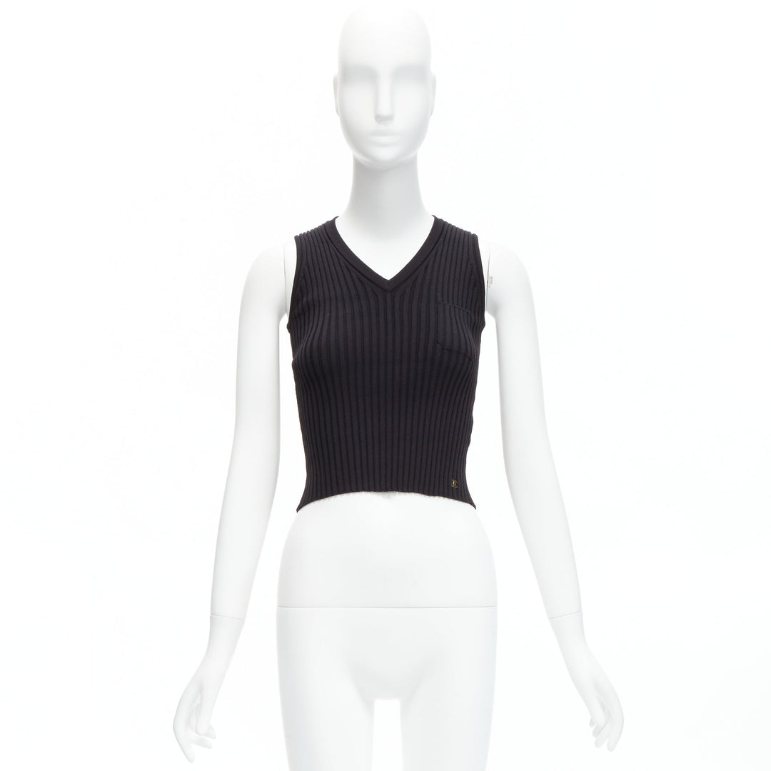 CHANEL 01A gold CC logo charm  black ribbed V neck cropped vest top FR38 M