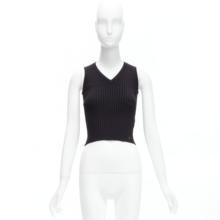 CHANEL 01A gold CC logo charm  black ribbed V neck cropped vest top FR38 M