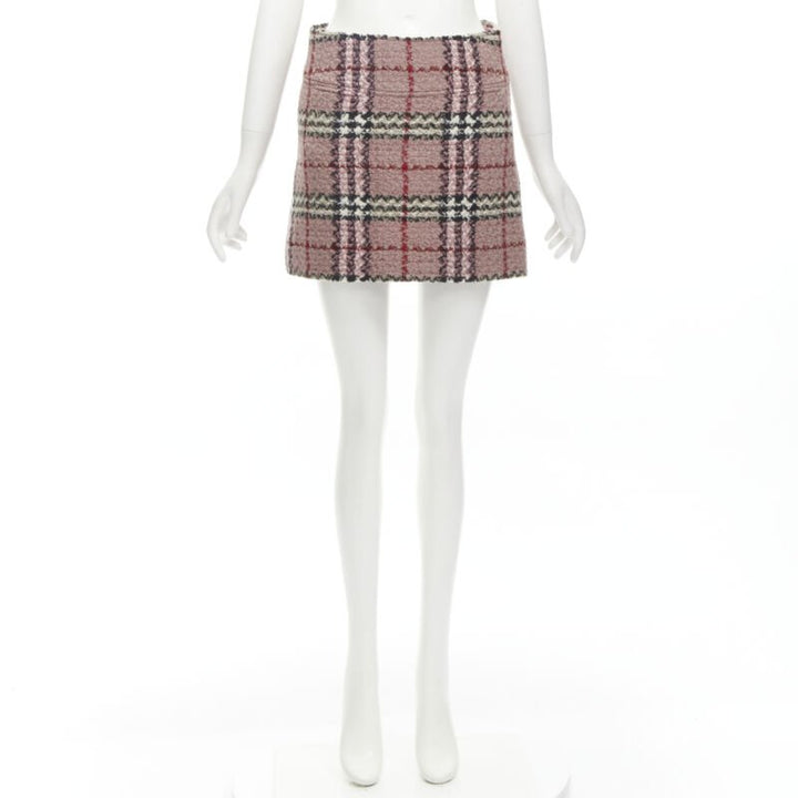 BURBERRY LONDON House Check pink wool tweed boucle mini skirt Y2K UK8 US4 S