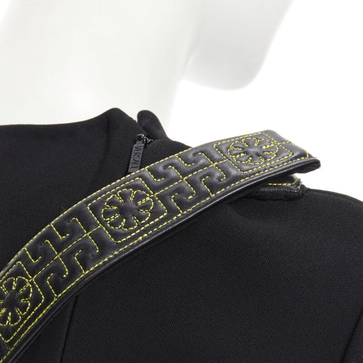 runway VERSACE black Greca stitch leather harness strap fit flare dress IT38