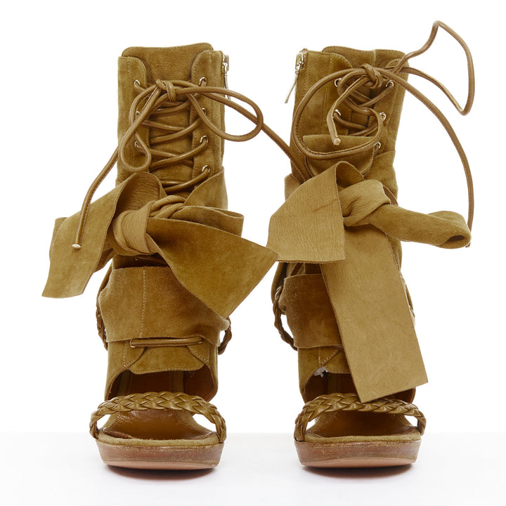GIANVITO ROSSI tan suede leather braid strap ribbon tie block heels EU37