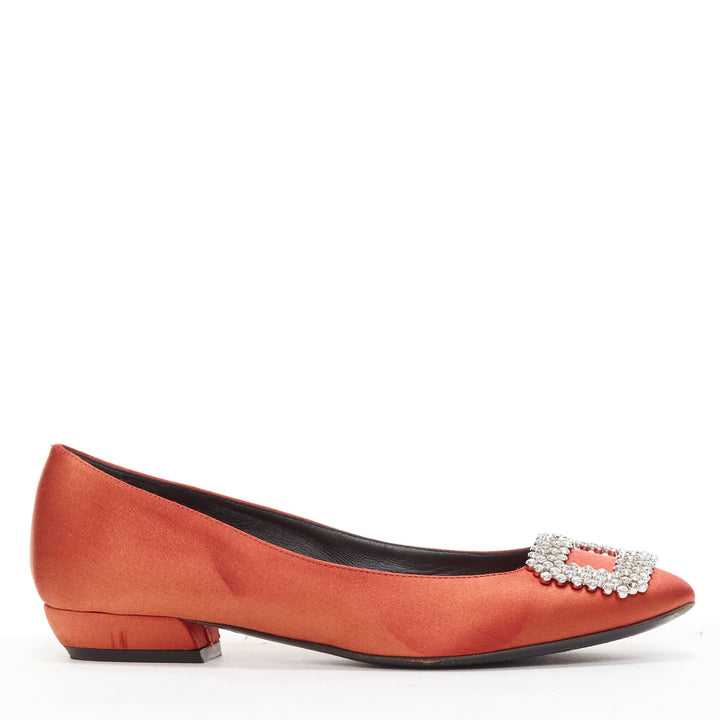 ROGER VIVIER red satin silver strass crystal buckle classic dress flats EU36.5