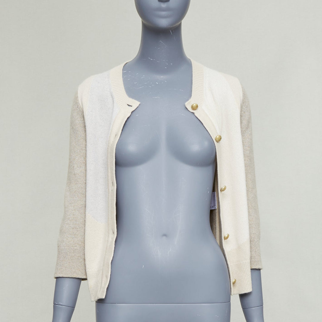 CHANEL 100% cashmere beige cream colorblocked CC buttons cardigan FR36 S
