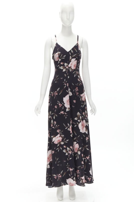 ALICE OLIVIA black pink rose floral print viscose midi slip dress US4 S