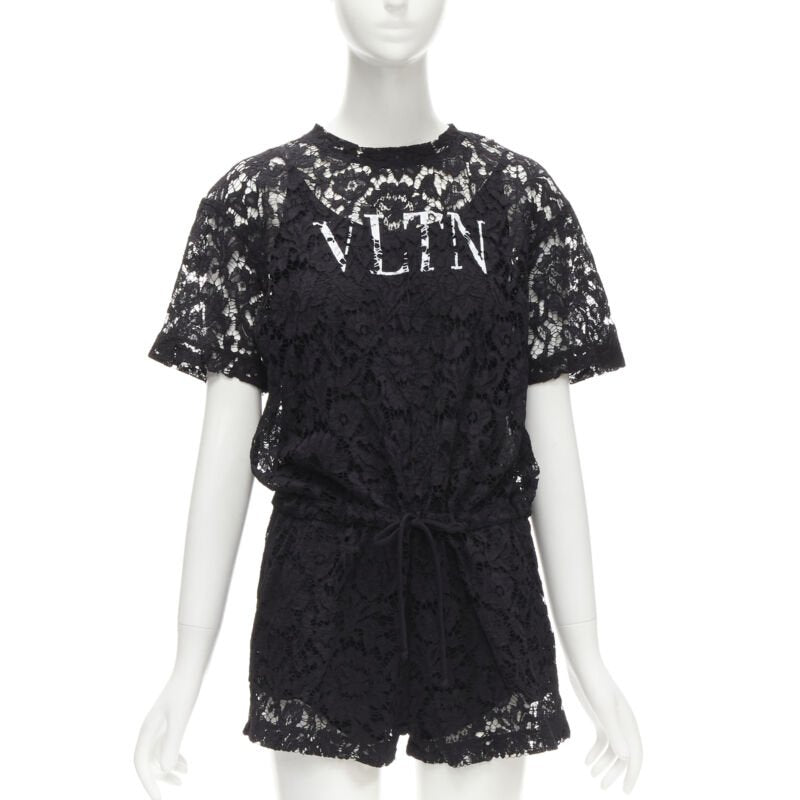 VALENTINO VLTN logo black lace white full floral lace playsuit romper XS