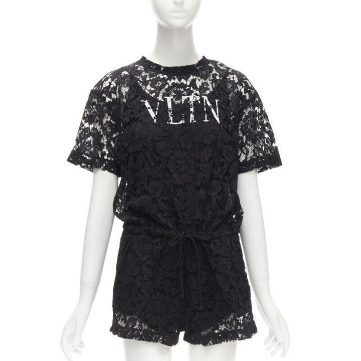 VALENTINO VLTN logo black lace white full floral lace playsuit romper XS