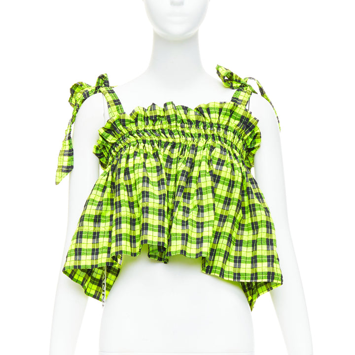 GANNI Checked Seersucker neon green ruffle tie shoulder crop top FR36 S