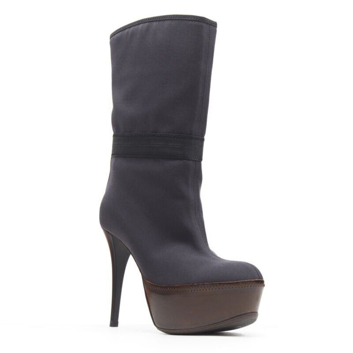 MARNI grey fabric upper brown leather platform round toe high heel boot EU36