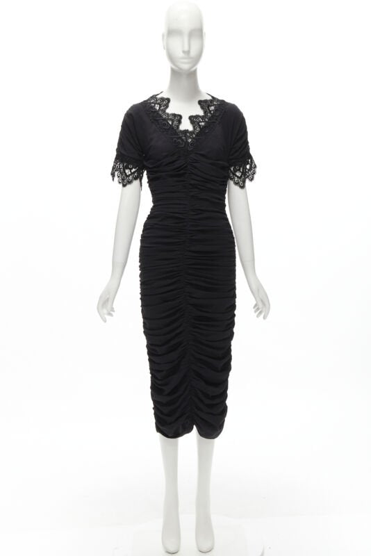 DOLCE GABBANA black silk gathered shirred lace trim cocktail dress IT42 M