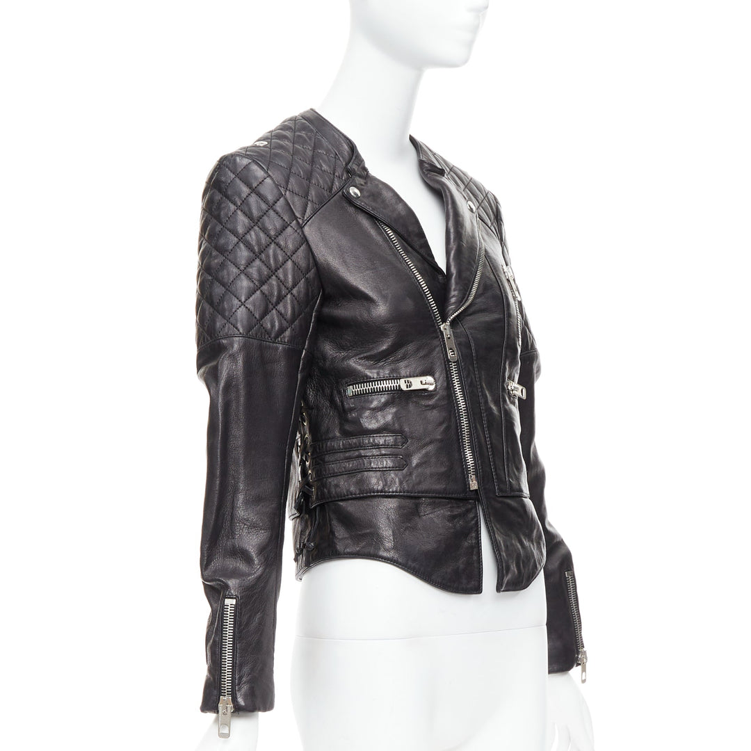 BALENCIAGA 2011 black leather quilted silver zip crop moto biker FR38 M