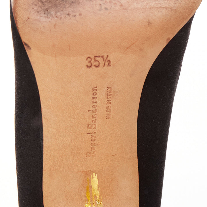 RUPERT SANDERSON Gold black satin gold paint buckle heeled pumps EU35.5