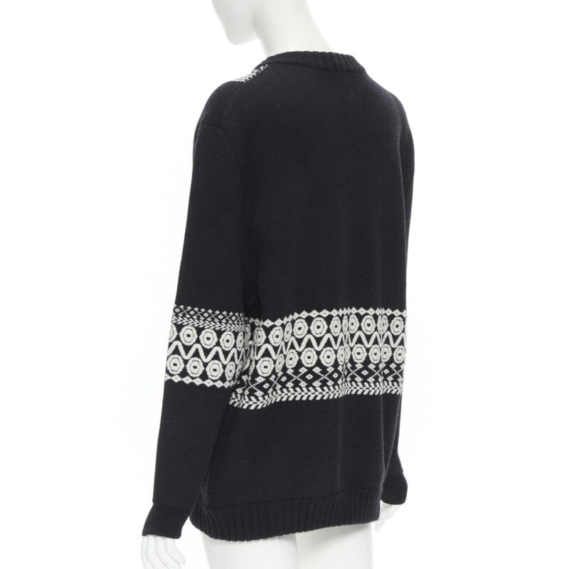 CHLOE 100% wool black white intarsia woven long sleeve sweater pullover XS