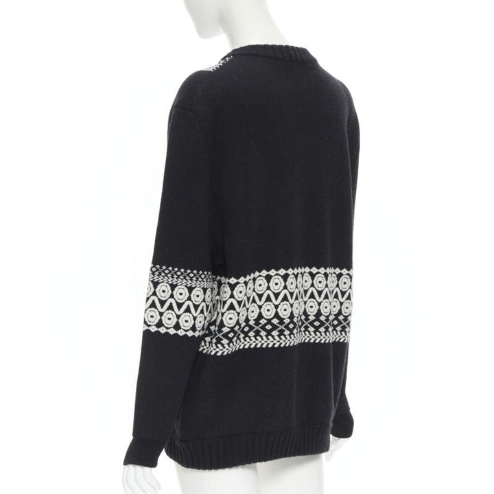 CHLOE 100% wool black white intarsia woven long sleeve sweater pullover XS