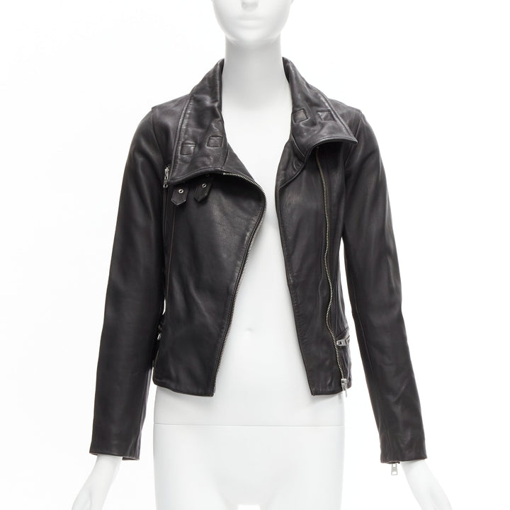 ALL SAINTS Bales black lamb leather buckles funnel collar biker jacket UK6 XS