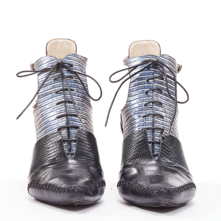 DIOR Raf Simons Runway metallic blue black scale embossed cut out booties EU36