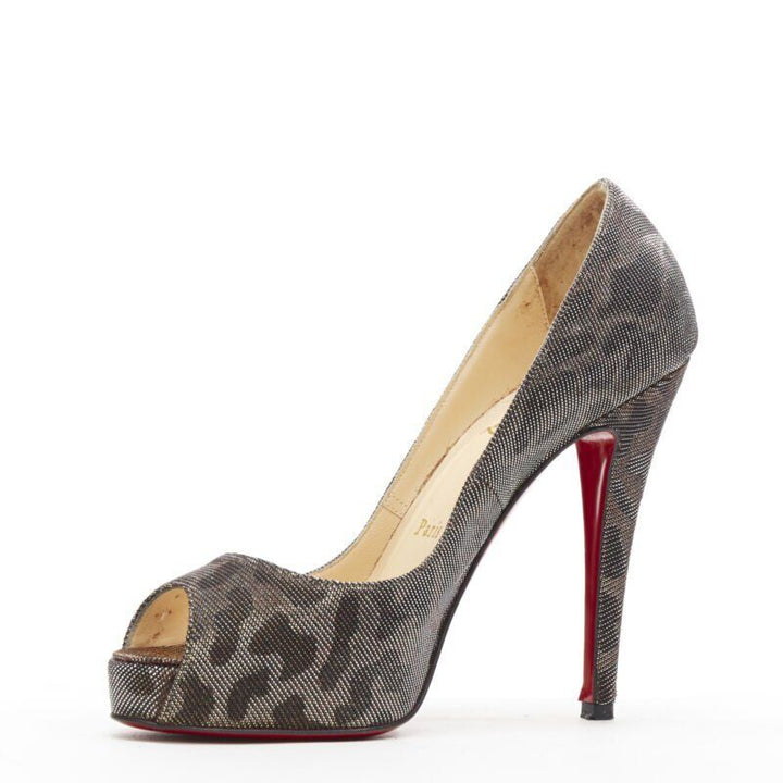 CHRISTIAN LOUBOUTIN gold lurex metallic leopard print peep toe platform EU36.5