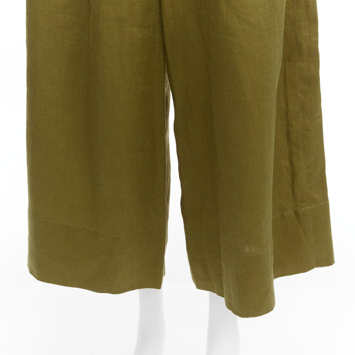 NICHOLAS military green 100% linen high waisted belted wide leg pants US6 M