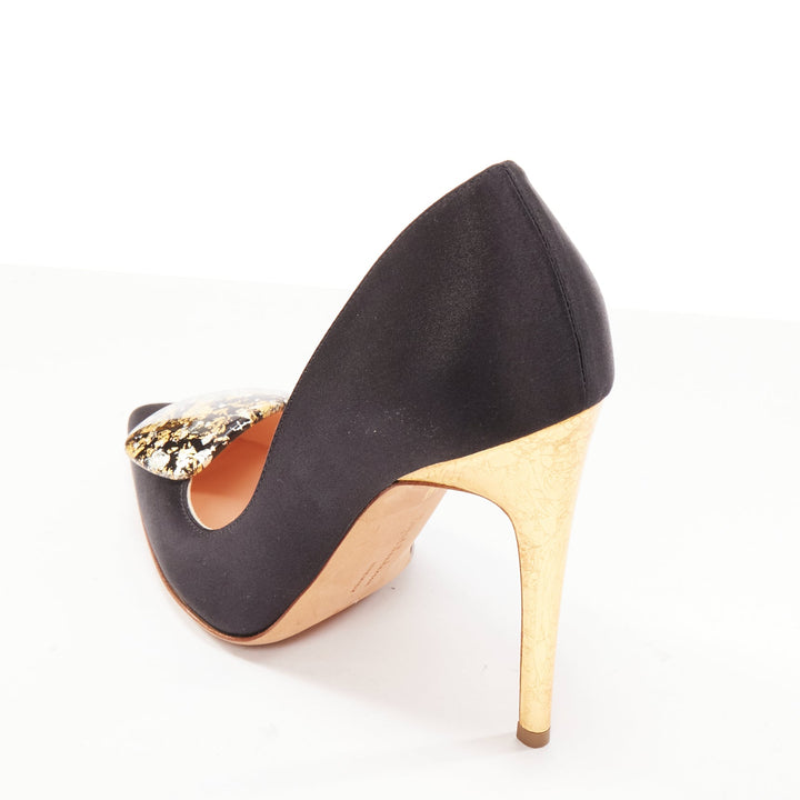 RUPERT SANDERSON Gold black satin gold paint buckle heeled pumps EU35.5