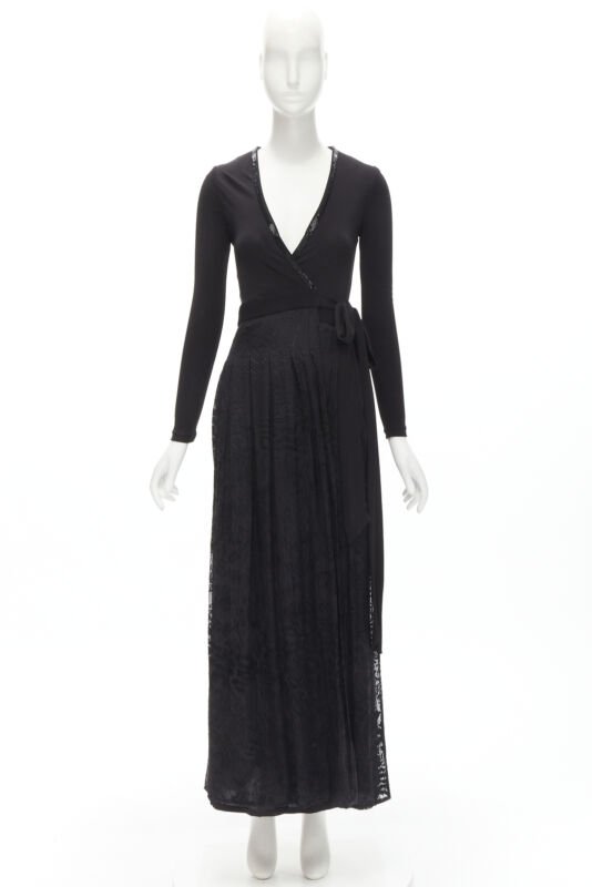 DIANE VON FURSTENBERG black silk bead embellished wrap maxi dress US0 XS