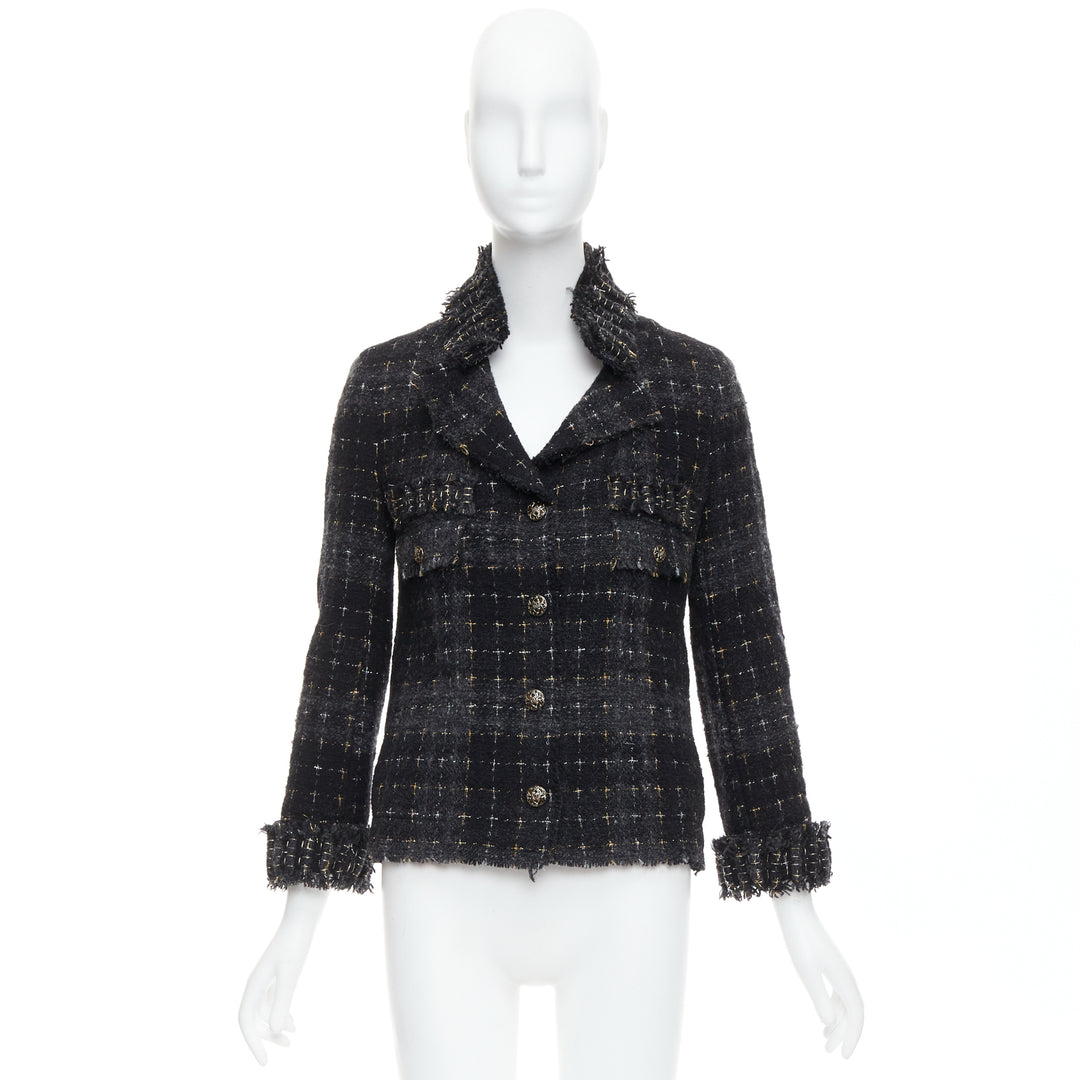 CHANEL 08A Runway Fantasy Tweed black grey silver gold wool jacket FR36 S