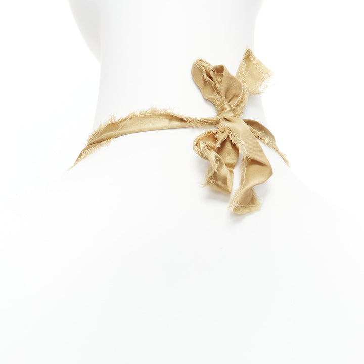LANVIN ALBER ELBAZ gold silk ribbon cream pearl wrap long necklace