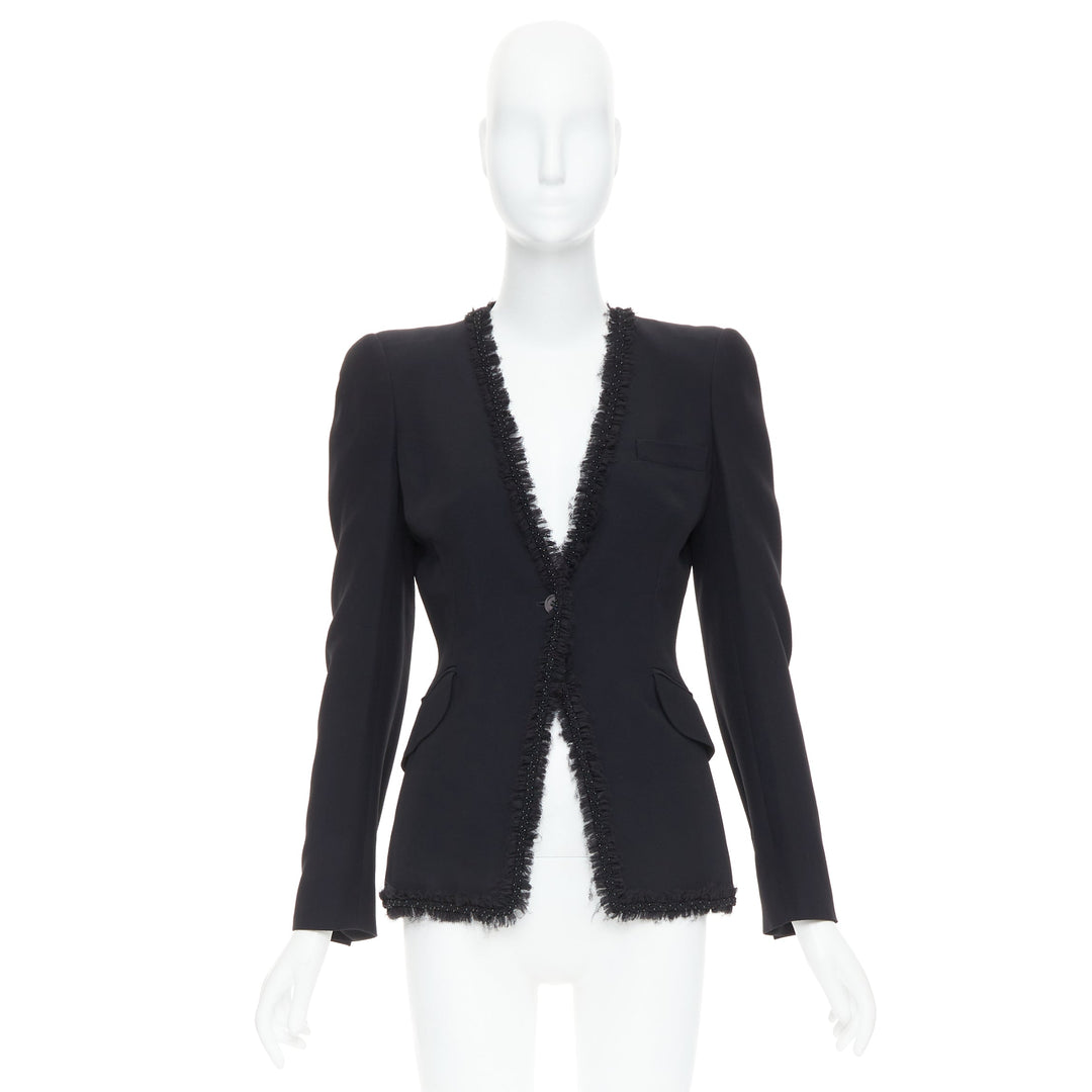 ALEXANDER MCQUEEN 2011 black beaded ruffle collar fitted blazer jacket IT40 S