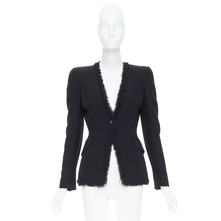 ALEXANDER MCQUEEN 2011 black beaded ruffle collar fitted blazer jacket IT40 S
