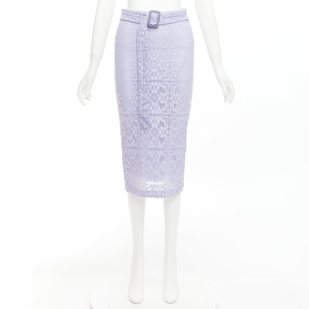 BURBERRY Runway lilac purple cotton blend lace belted pencil skirt IT36 XXS