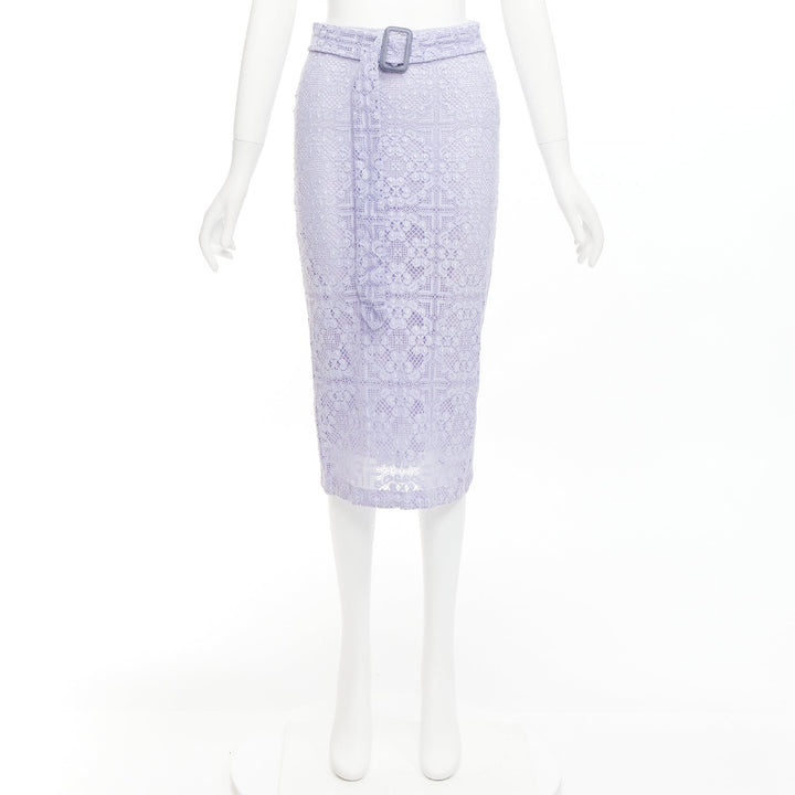 BURBERRY Runway lilac purple cotton blend lace belted pencil skirt IT36 XXS