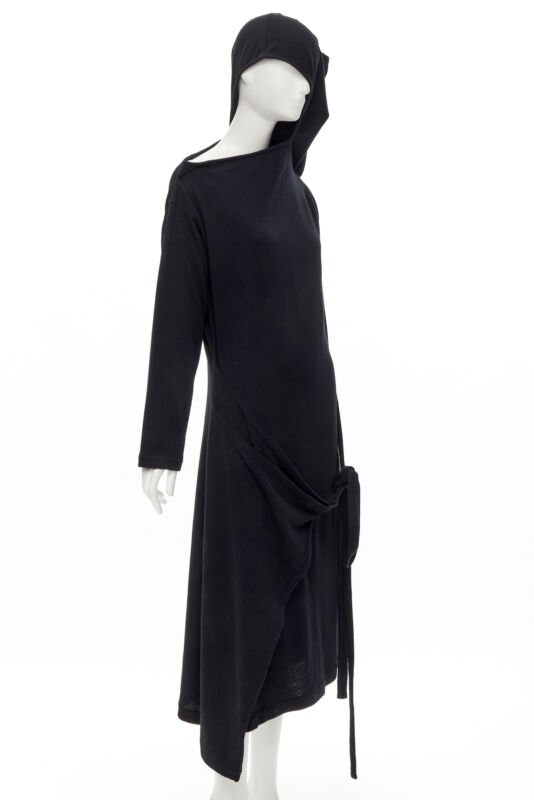 rare COMME DES GARCONS 1980's Vintage black asymmetric neckline hooded dress M