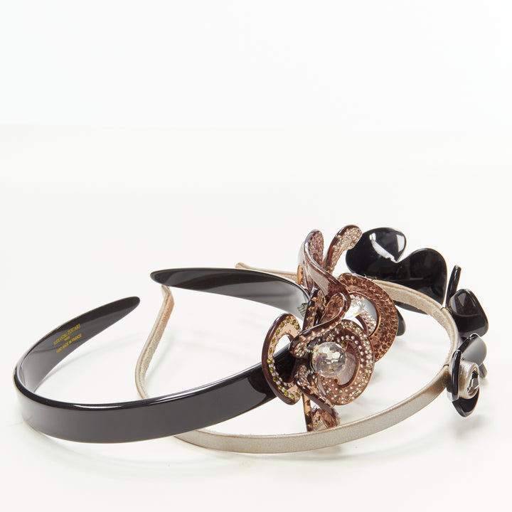 ALEXANDRE ZOUARI black grey crystal 3D layered flower acrylic headband X2