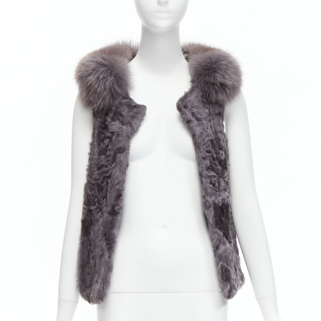 PELLICCISSIMA grey Astrakhan fur collar sleeveless winter vest jacket S