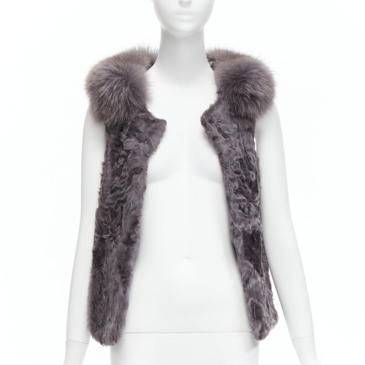 PELLICCISSIMA grey Astrakhan fur collar sleeveless winter vest jacket S
