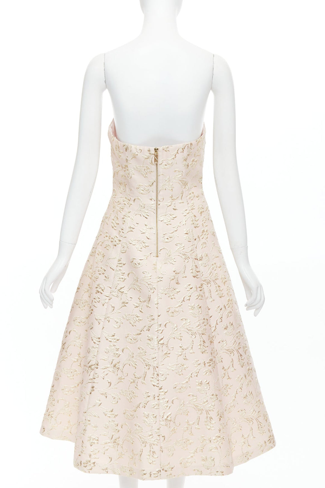 TED BAKER TUX Langley pink acetate blend gold jacquard strapless dress US2 S