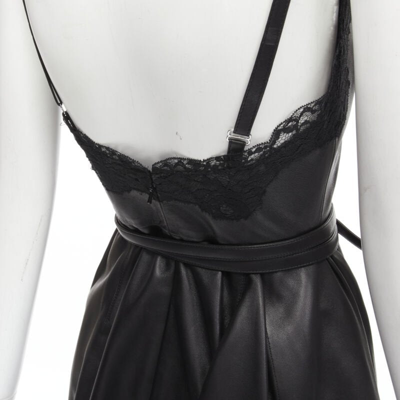 ALEXANDER MCQUEEN 2022 black leather lace asymmetric wrap draped dress IT38 XS