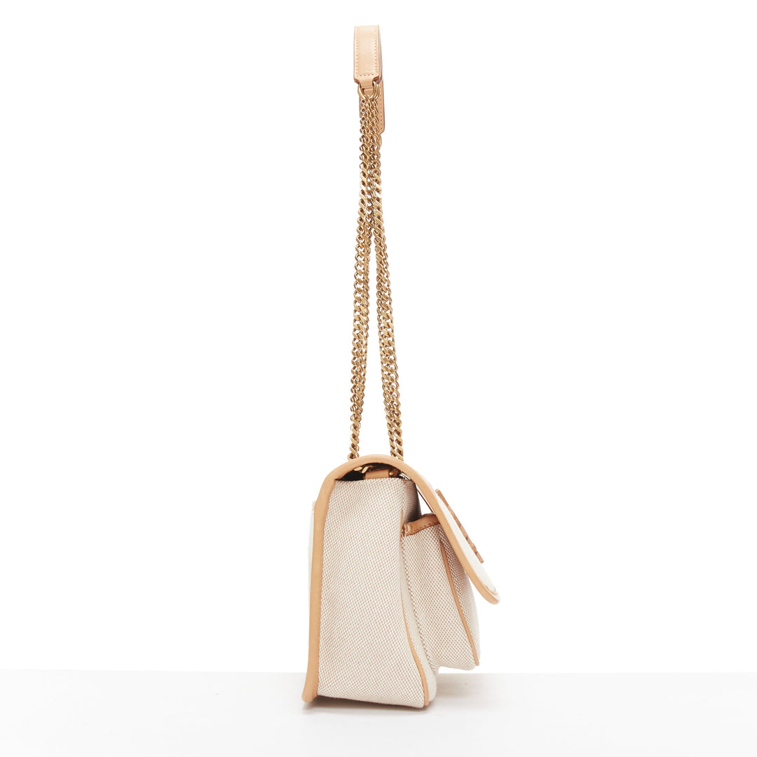 SAINT LAURENT Niki beige canvas brown leather trim logo flap crossbody chain bag