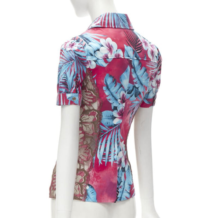 rare D&G DOLCE GABBANA Vintage blue pink sheer lace panel side Hawaiian shirt XS