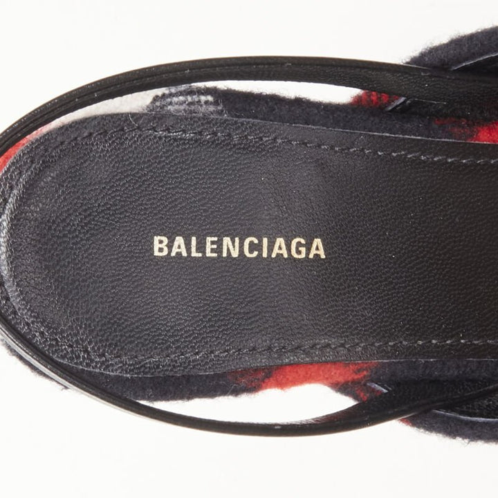 BALENCIAGA BB Knife gold logo red black plaid wool sling kitten pump EU38.5