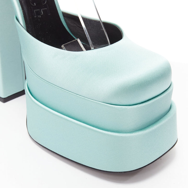 VERSACE Medusa Aevitas sky blue satin Medusa charm platform heels 37.5
