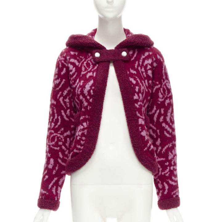 rare CHANEL red pink Camellia CC wool fluffy boucle trim cardigan jacket FR34 XS
