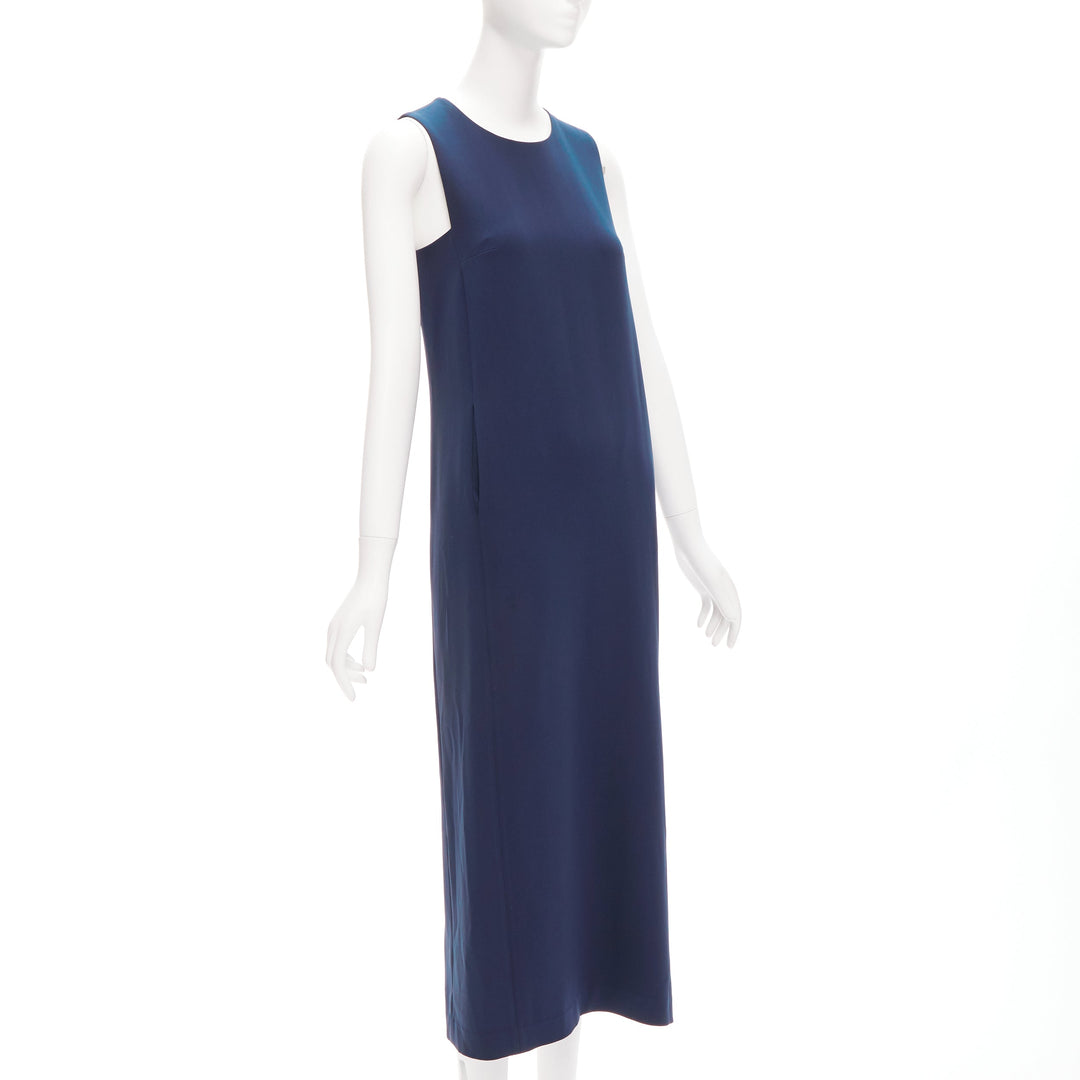 THEORY navy minimal classic round neck midi shift dress US0 XS