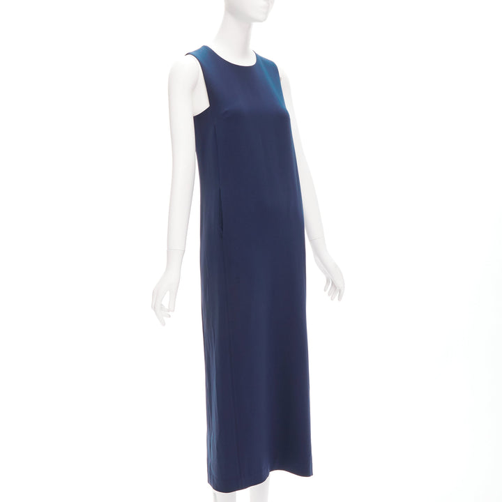 THEORY navy minimal classic round neck midi shift dress US0 XS