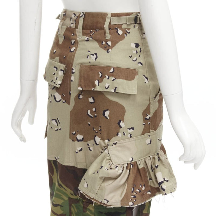 PREEN mixed green khaki camo patchwork ruffled deconstructed cargo skirt XS