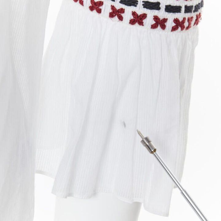 ROSIE ASSOULIN white ethnic embroidery smocked sleeves off shoulder top US4