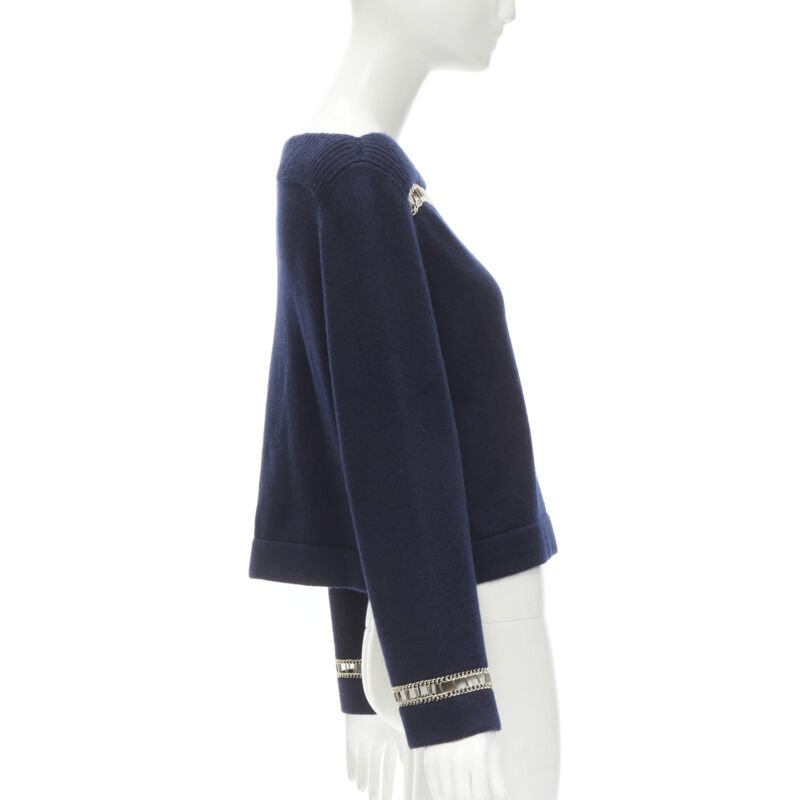 CHANEL 2020 Runway 100% cashmere navy gold chain trim boat neck sweater FR38