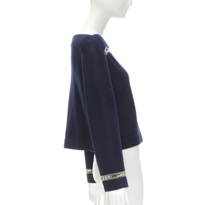 CHANEL 2020 Runway 100% cashmere navy gold chain trim boat neck sweater FR38