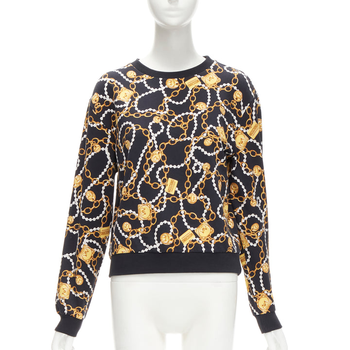 MOSCHINO black gold teddy bear chain pearl print sweatshirt S