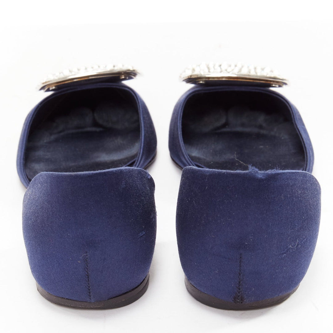 ROGER VIVIER Chips Strass navy satin crystal square buckles flat shoes EU35